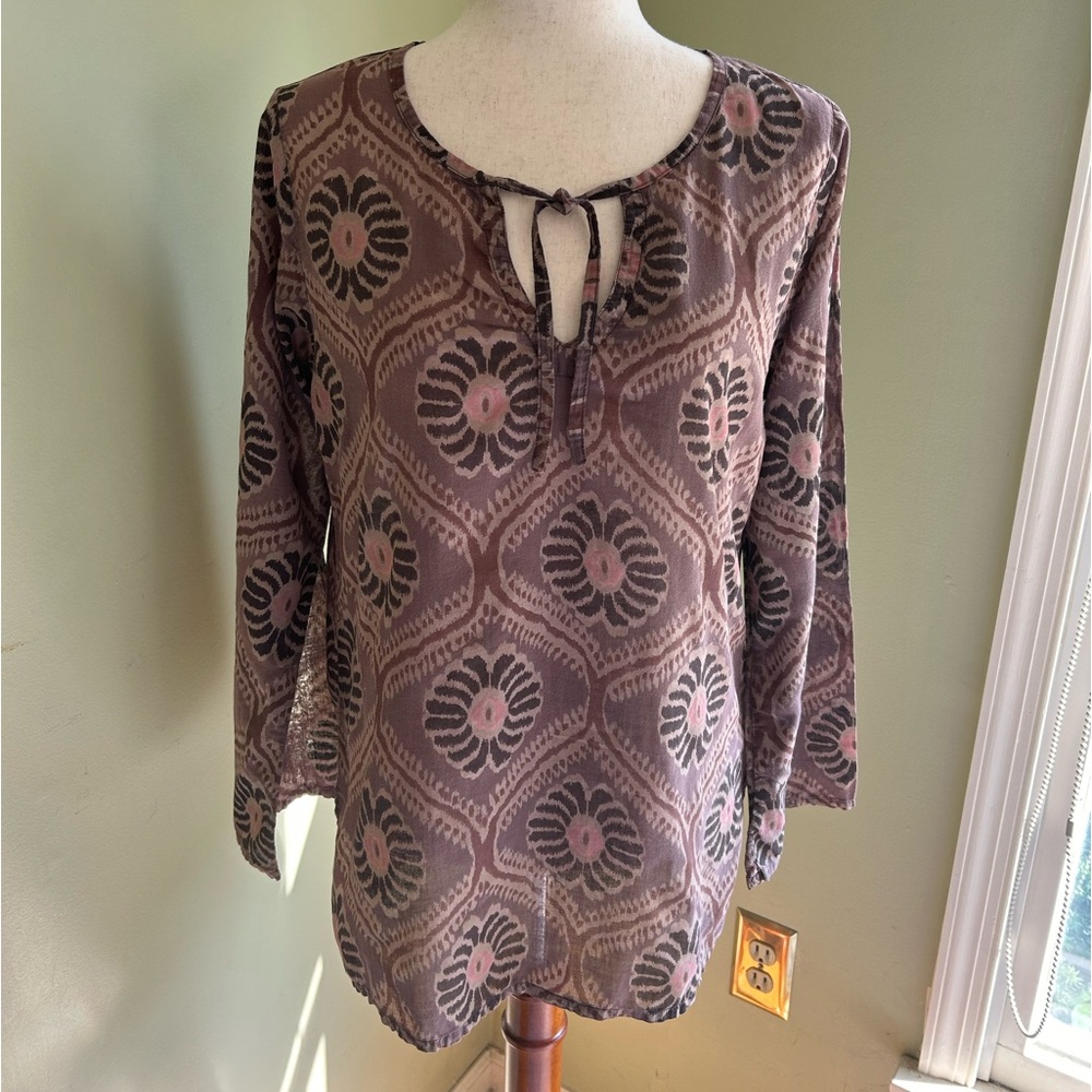 Fresh Produce XS/S cotton dress/tunic Bell sleeves, v neck Batik designs/browns